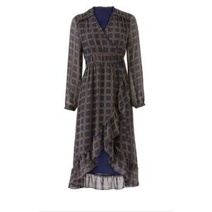Anthropologie dRA Cicero‎ Wrap Asymmetric Dress Ruffle Plaid Boho Blue - Large